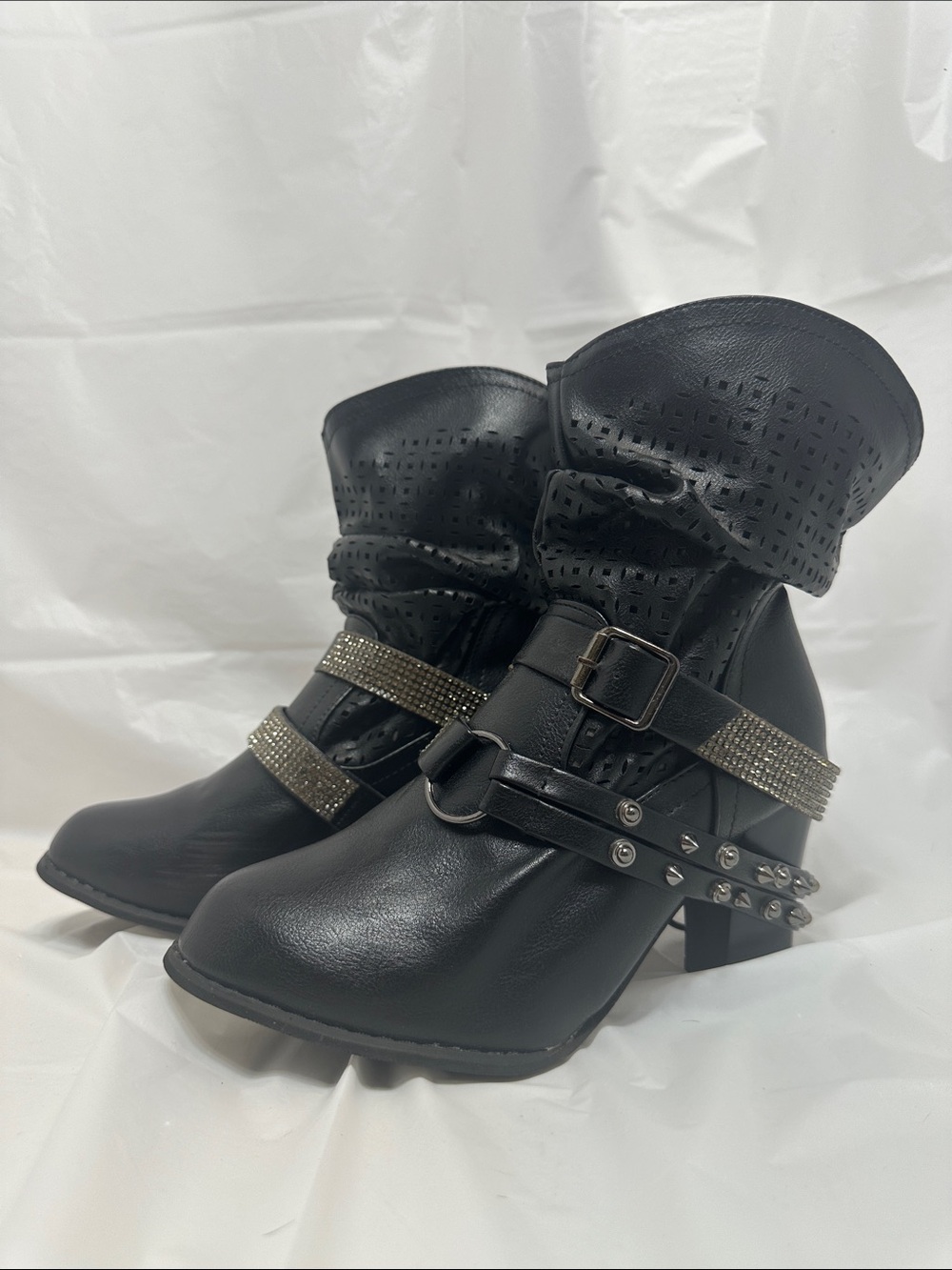 Black Studded Buckle Western Ankle Boots